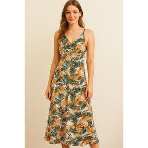 Serra Cotton Palm Leaf Orange Green Dress Size M